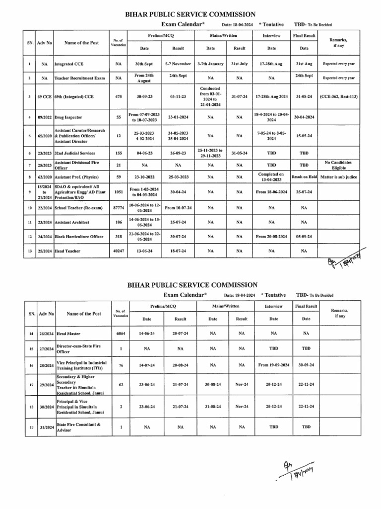 BPSC Exam Calendar PDF