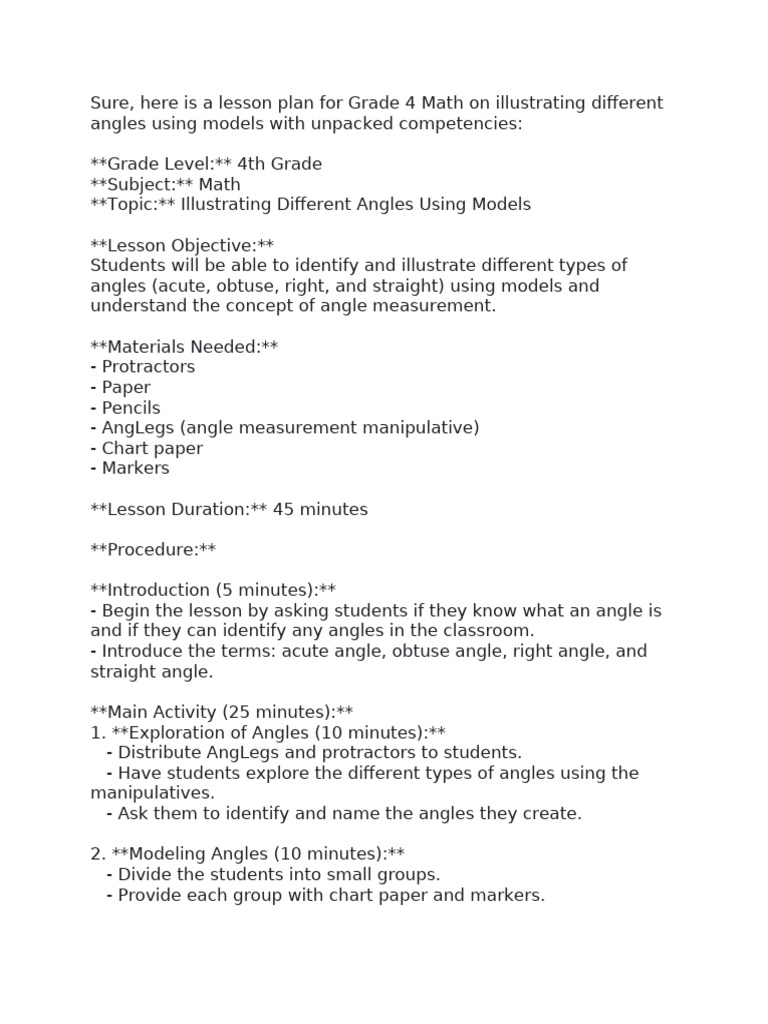 Grade 4 Math: Illustrating Angles Lesson | PDF | Teaching Methods ...