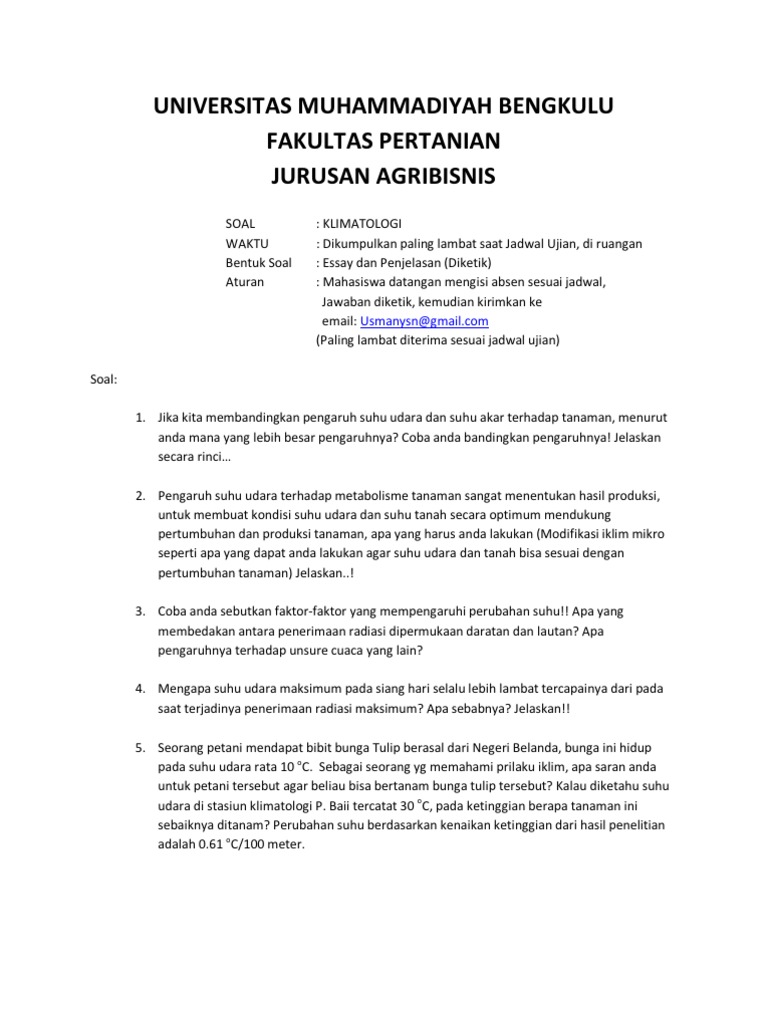Soal Ujian Klimatologi