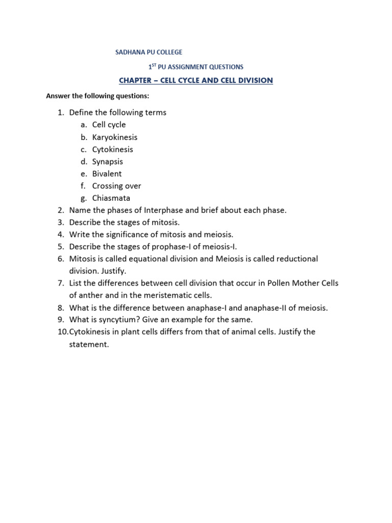Cell Cycle and Division Assignment Questions | PDF | Science & Mathematics