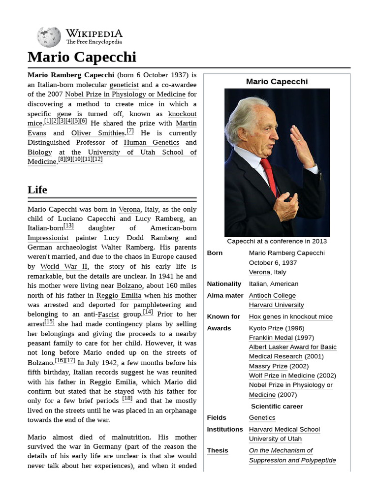 Mario Capecchi | PDF | Biology | Genetics