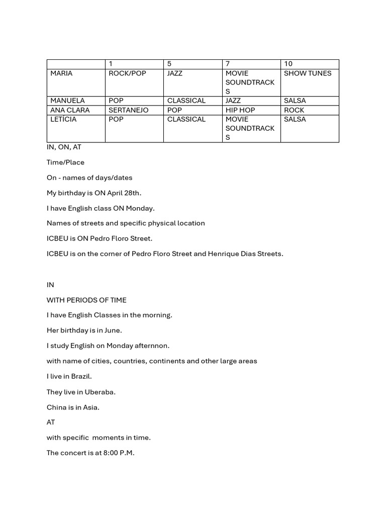 English Prepositions: In, On, At Guide | PDF