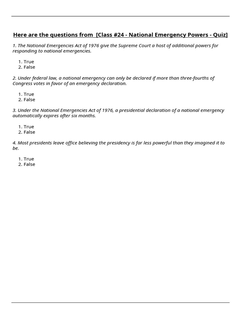 Class #24 - National Emergency Powers - Quiz | PDF