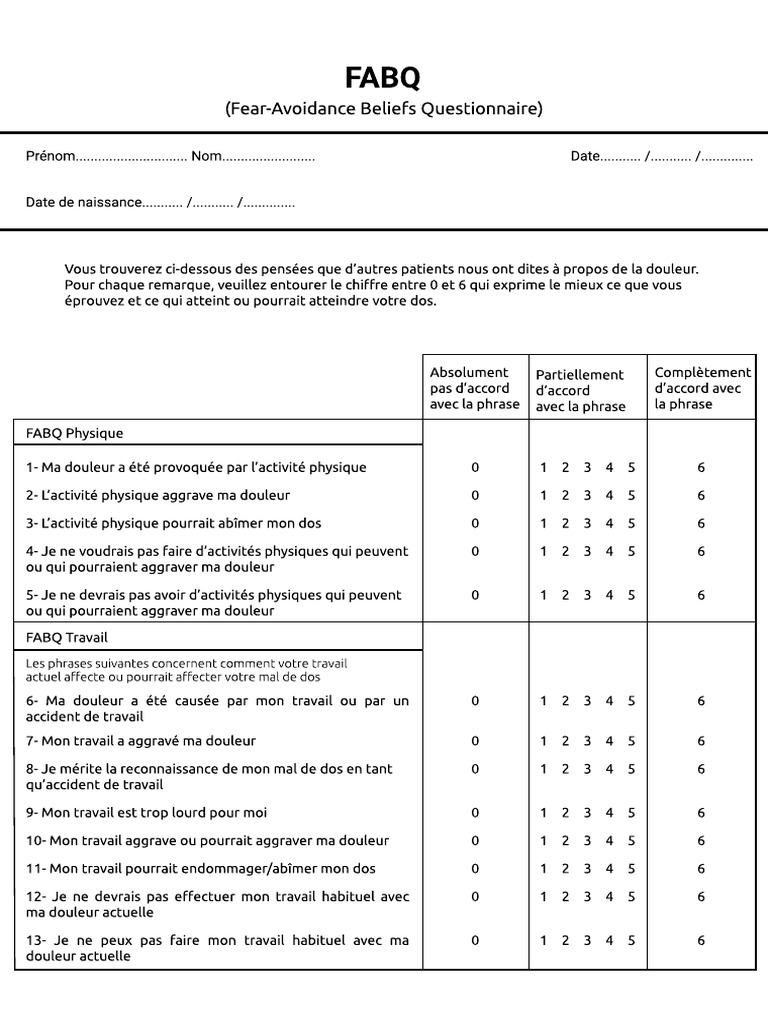 Questionnaire sur les croyances d'évitement | PDF | Médecine | Maladies ...