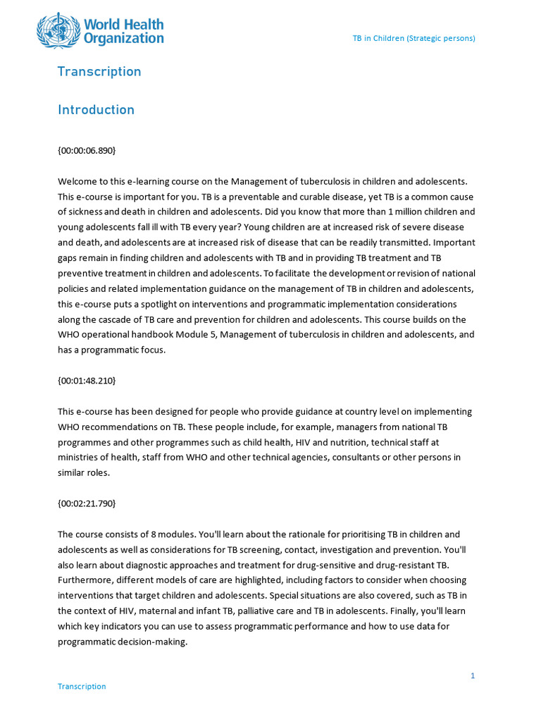 TB Management in Children E-Course | PDF | Tuberculosis | World Health ...