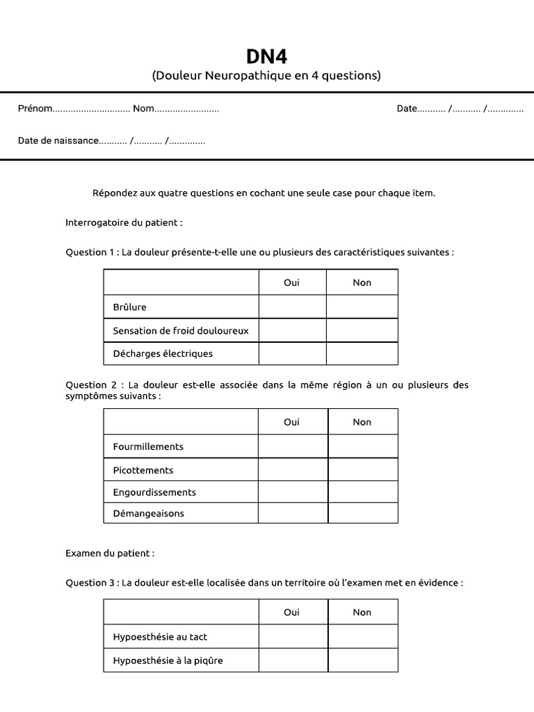 Questionnaire DN4 sur la douleur neuropathique | PDF | Douleur ...