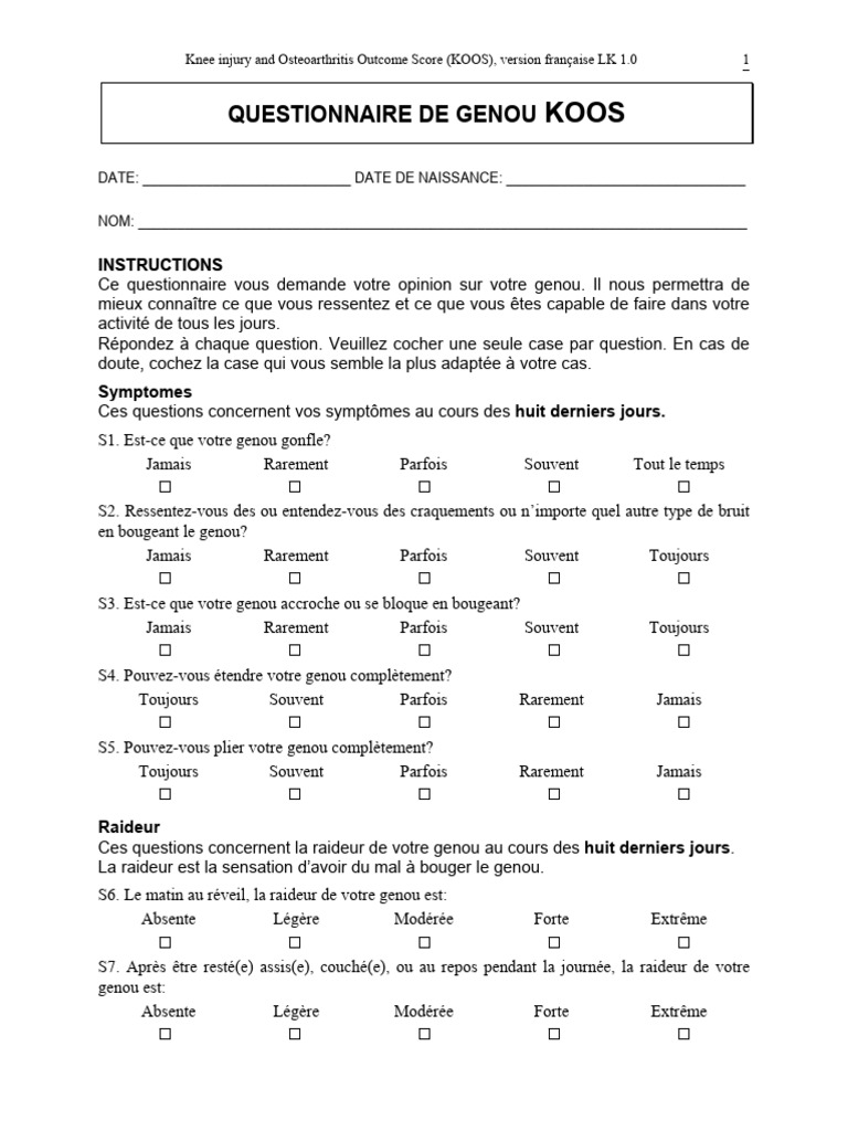 Questionnaire KOOS pour évaluation du genou | PDF | Épidémiologie ...