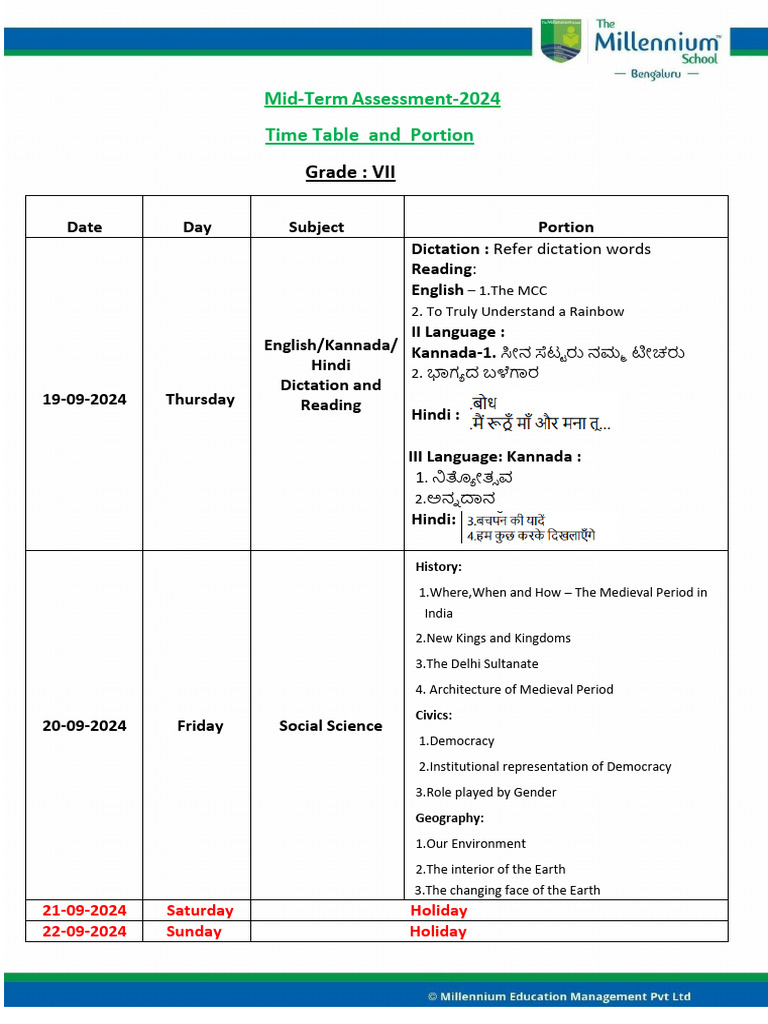 Grade VII Mid Term Time Table and Portion Paper | PDF | Science ...