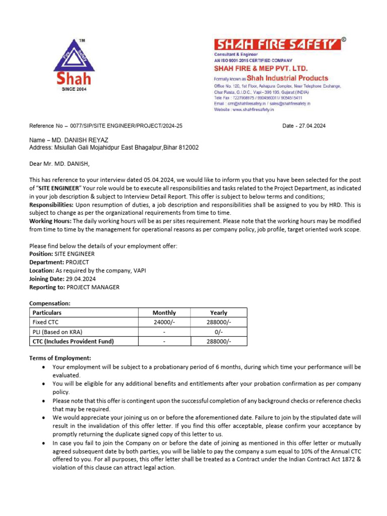 Shah Fire Danish Reyaz - Offer Letter | PDF | Business | Justice