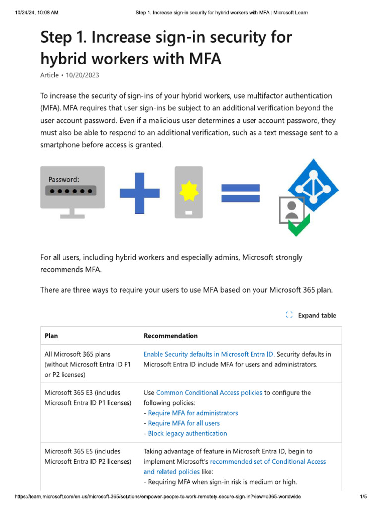 Step 1. Increase Sign-In Security For Hybrid Workers With MFA | PDF