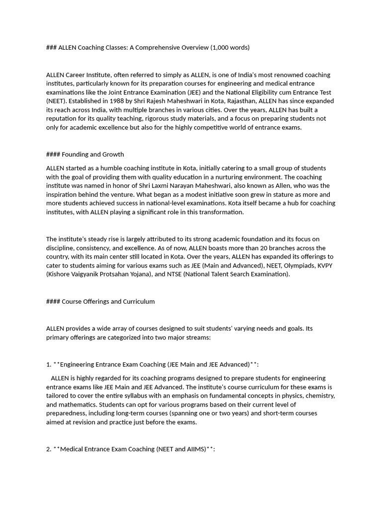 ALLEN Coaching Classes Overview | PDF | Cognition