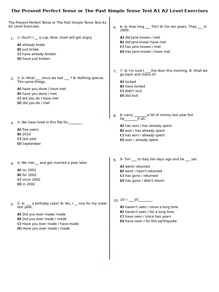 440 - The Present Perfect Tense or The Past Simple Tense Test A1 A2 ...