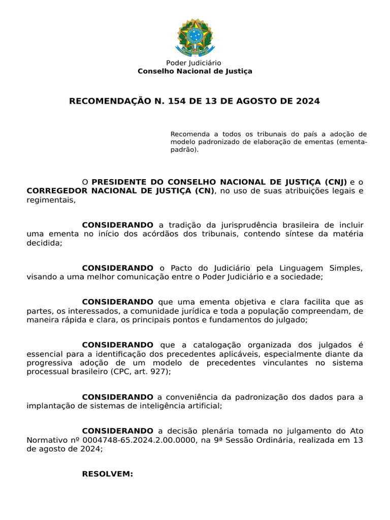 Recomendação Nº 154 de 2024 | PDF | Jurisprudência | Justiça