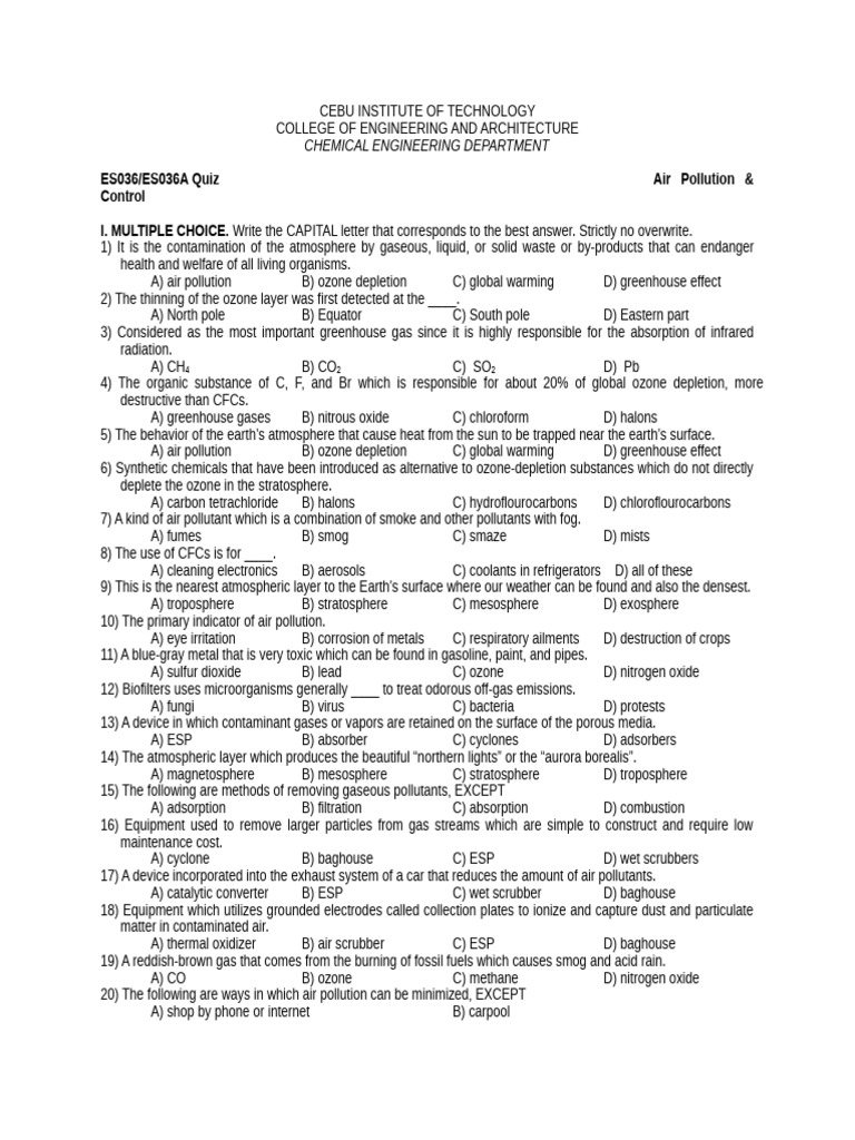 Quiz Air Pollution Control PDF Atmosphere Of Earth Particulates