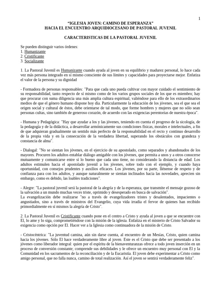 Caracteristicas de La Pastoral Juvenil | PDF | Iglesia Católica ...