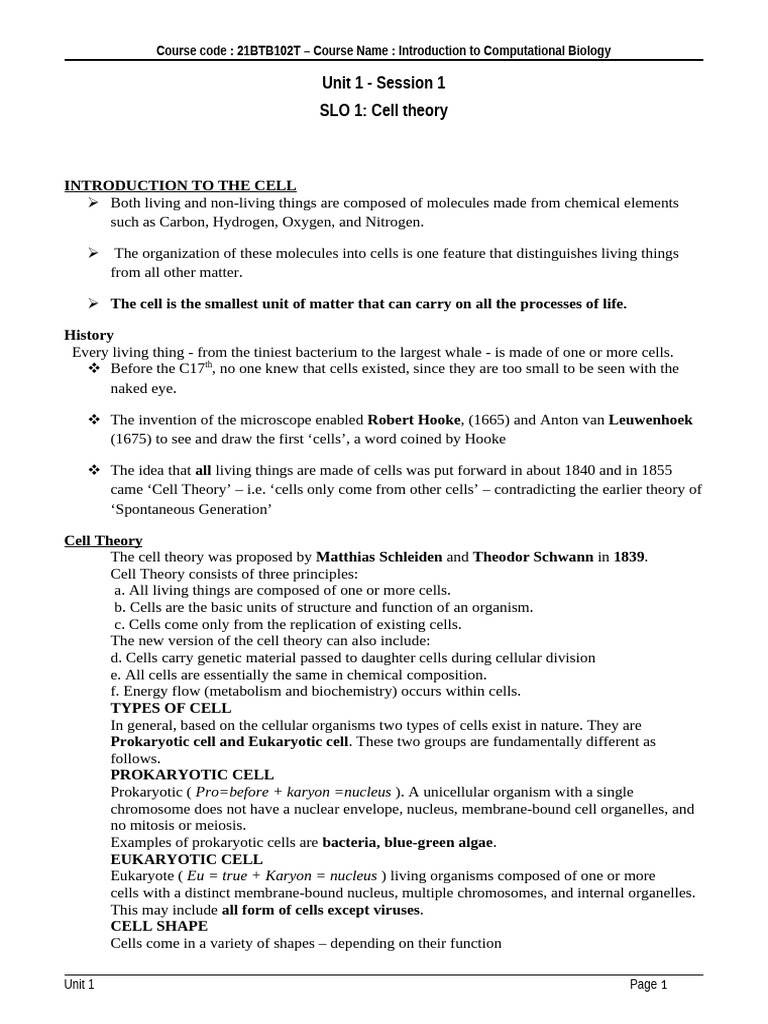 Introduction to computational biology unit 1 notes 21btb102t pdf