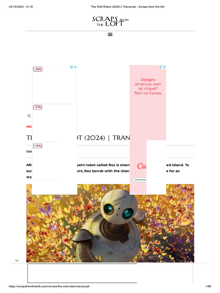 The Wild Robot (2024) - Transcript - Scraps From The Loft | PDF