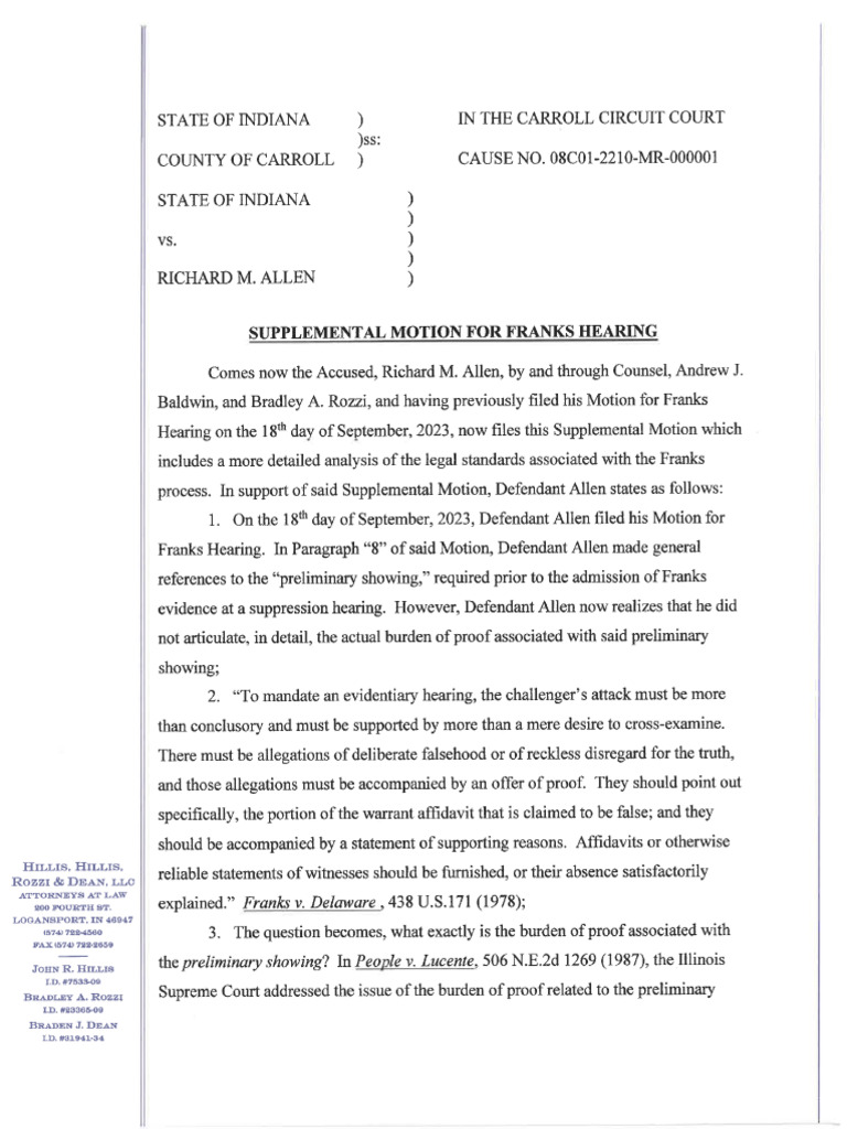 Supplemental Motion for Franks Hearing | PDF | Affidavit | Burden Of ...