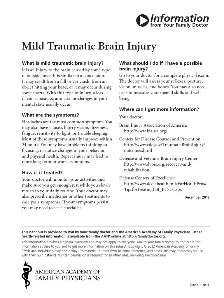 Mild Traumatic Brain Injury: Information | PDF | Concussion | Traumatic ...