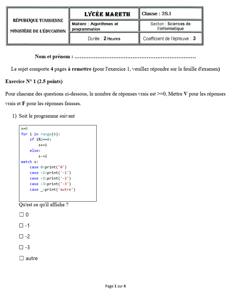 Examen de Programmation et Algorithmes | PDF | Mathématiques