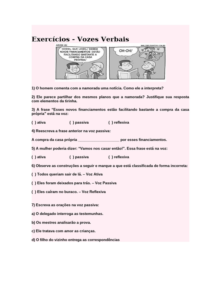 Exercícios sobre Vozes Verbais | PDF | Artes Linguísticas e Disciplina