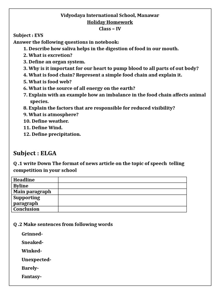 Class 4th Holiday Homework | PDF