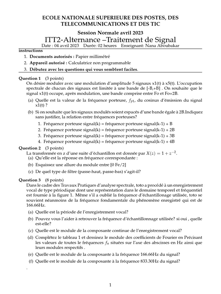 Examen Traitement de Signal 2023 | PDF | Fréquence | Échantillonnage ...