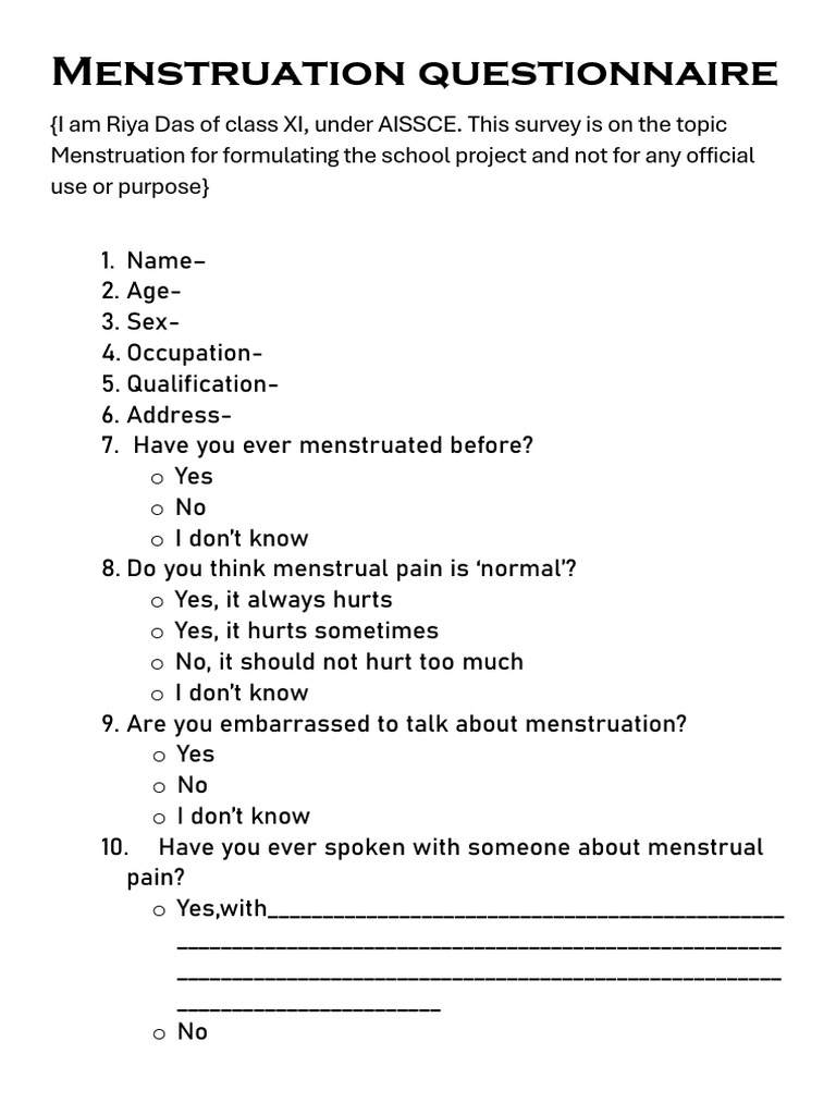 Menstruation Survey for School Project | PDF | Menstruation | Human ...