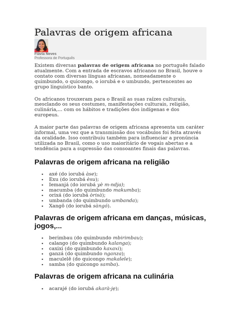 Palavras Africanas no Português Brasileiro | PDF | Línguas faladas na ...