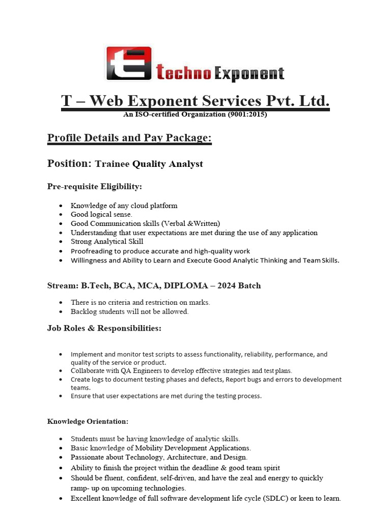 Trainee Quality Analyst Position at T-Web Exponent | PDF | Information ...