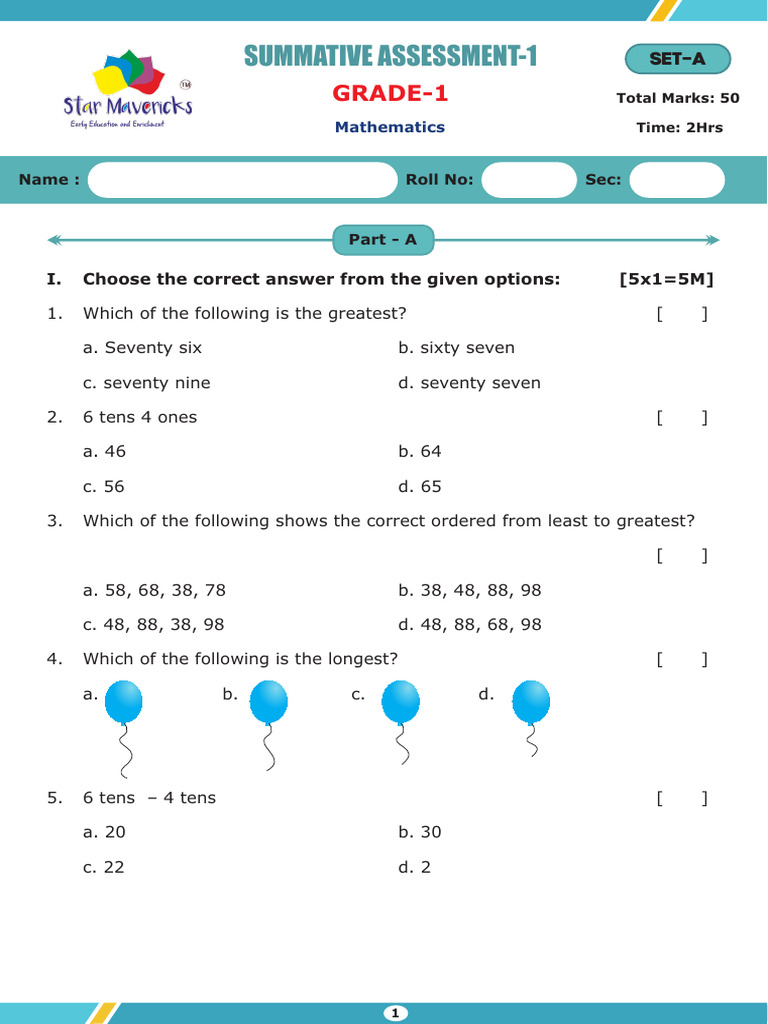 SA-1 Grade-1 Mathematics QP Set-A | PDF | Mathematics