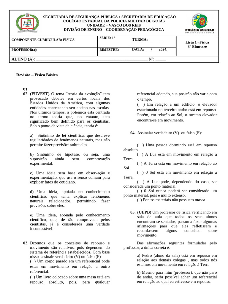 1 Serie Fisica Lista 1 3bim | PDF | Science | Velocidade