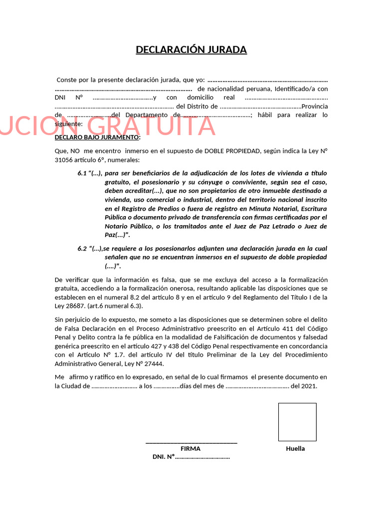 Declaración Jurada de No Doble Propiedad | PDF | Documento de identidad ...