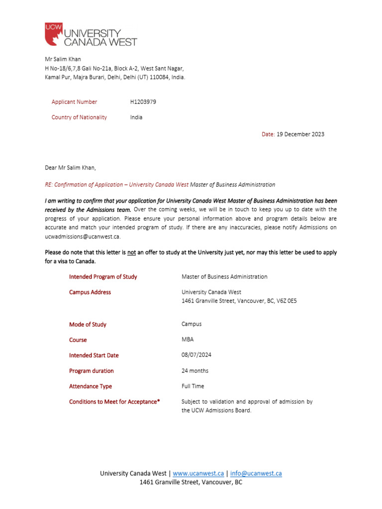 UCW MBA Application Confirmation Letter | PDF | Master Of Business ...