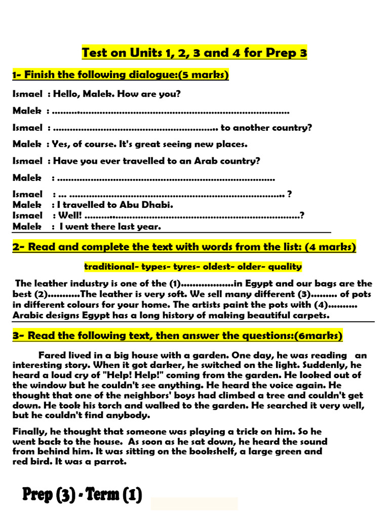English Test for Prep 3 Units 1-4 | PDF | Syntax | Linguistic Morphology