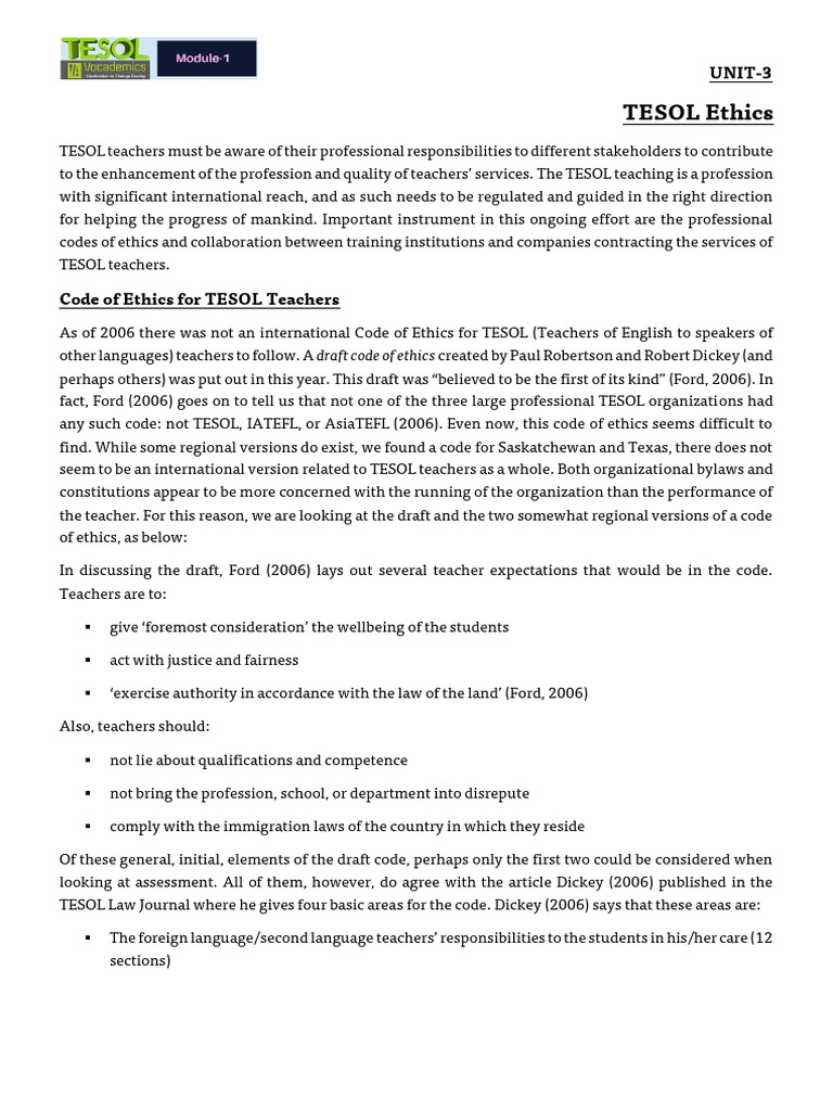 M1 - Unit 3 - TESOL Ethics | PDF | Learning | English As A Second Or ...