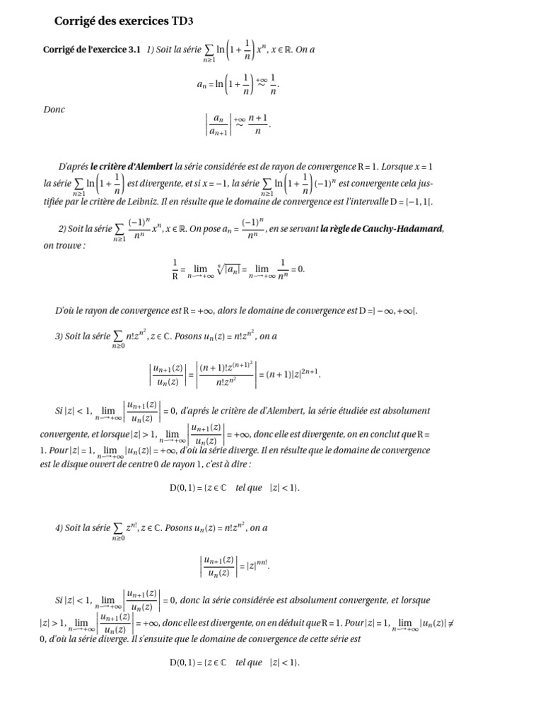 Corrigé des exercices TD3 | PDF | Série entière | Analyse mathématique