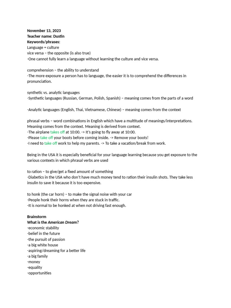 Lesson Notes - November 13, 2023 | PDF | English Language | Linguistics