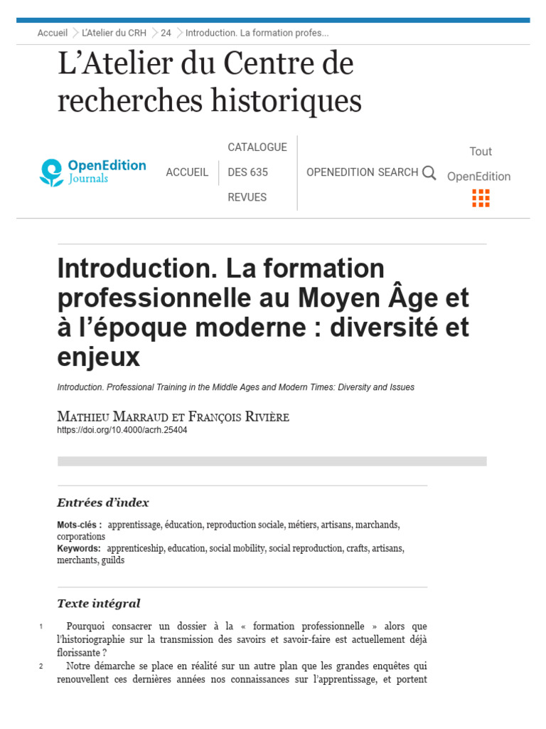 Introduction. La Formation Professionnelle Au Moyen Âge Et À L'époque ...