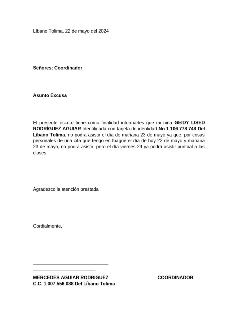 Excusa de Inasistencia Escolar 23 Mayo | PDF