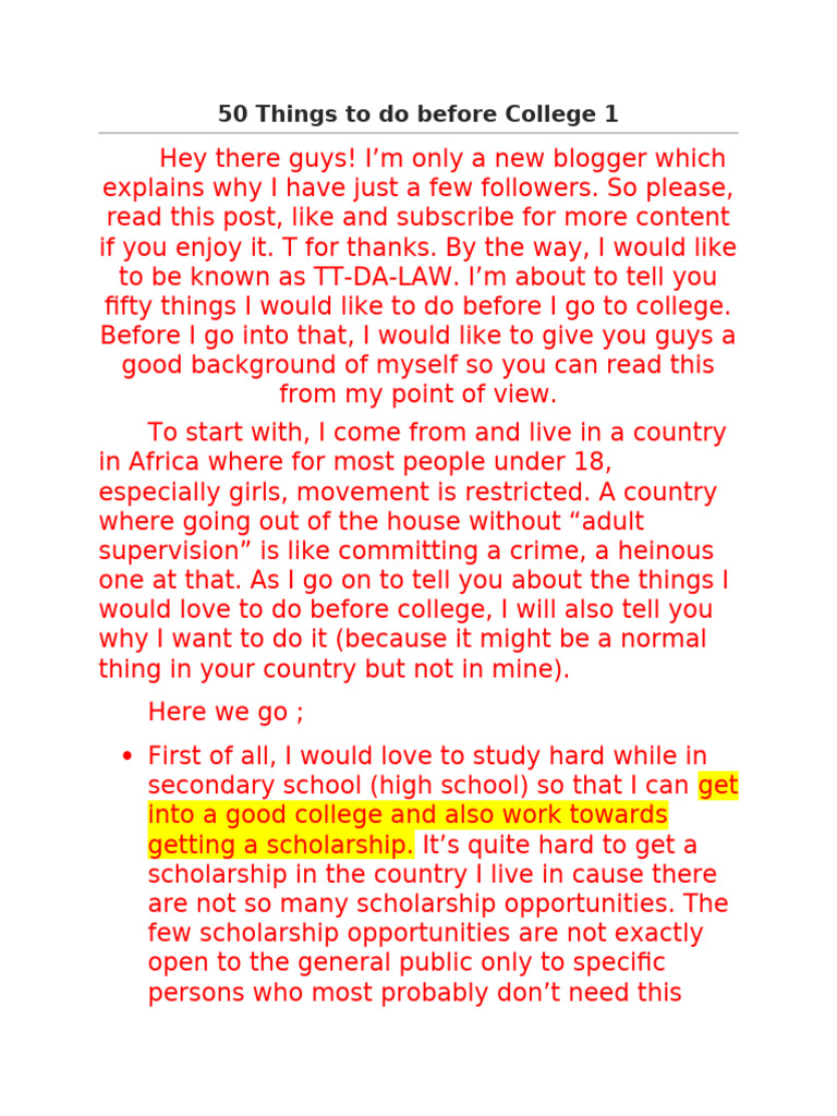 50 Things To Do Before College | PDF