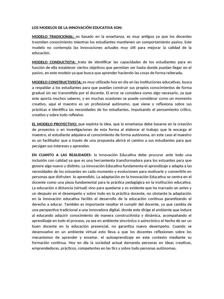 Los Modelos de La Innovacion Educativa | PDF | Enseñando | Maestros