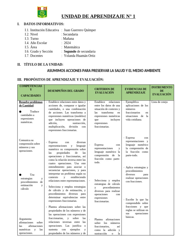 Unidad de Aprendizaje 1 - 2do Año - 2024. | PDF | Evaluación | Aprendizaje