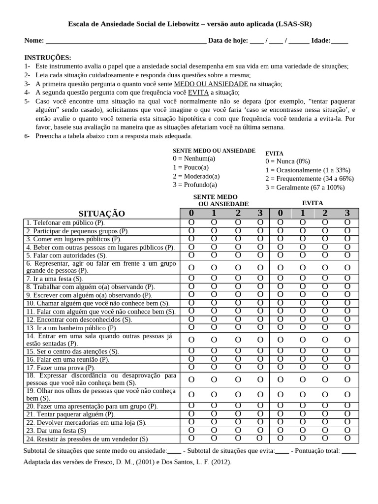 LSAS-SR: Avaliação da Ansiedade Social | PDF | Ansiedade | Transtorno ...