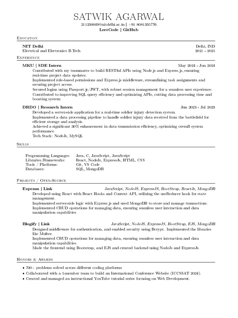 Satwik Agarwal: SDE Intern & Developer | PDF | Java Script | Mongo Db