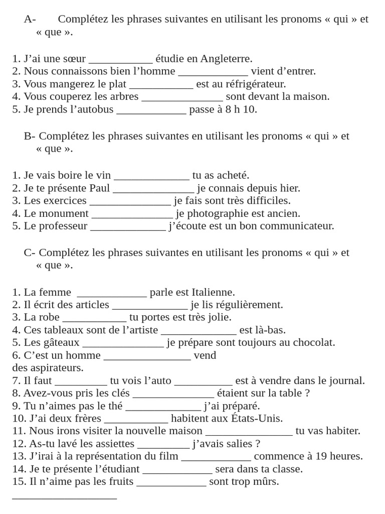 Exercices sur les pronoms relatifs | PDF | Arts du langage et ...