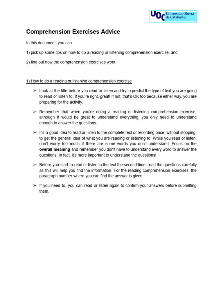 Comprehension Exercises Advice | PDF | Human Communication