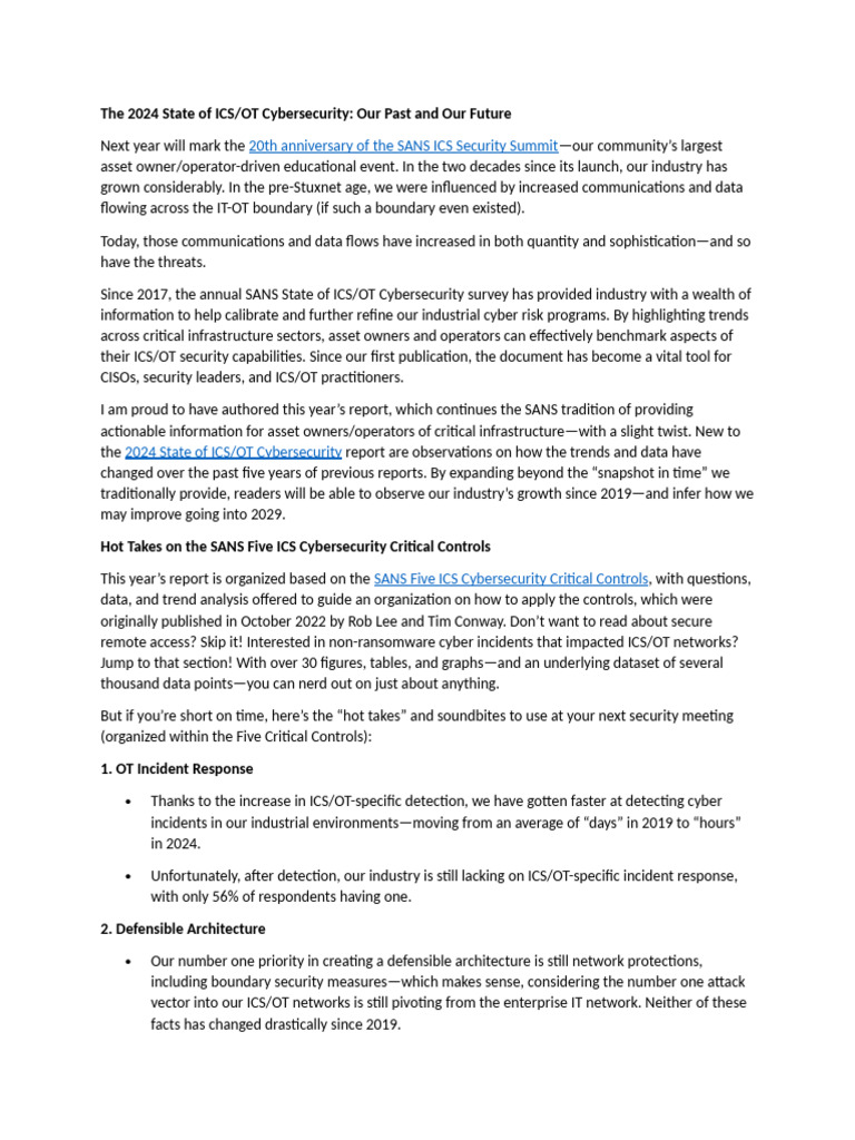 ICS/OT Cybersecurity Insights 2024 | PDF | Computer Security | Security