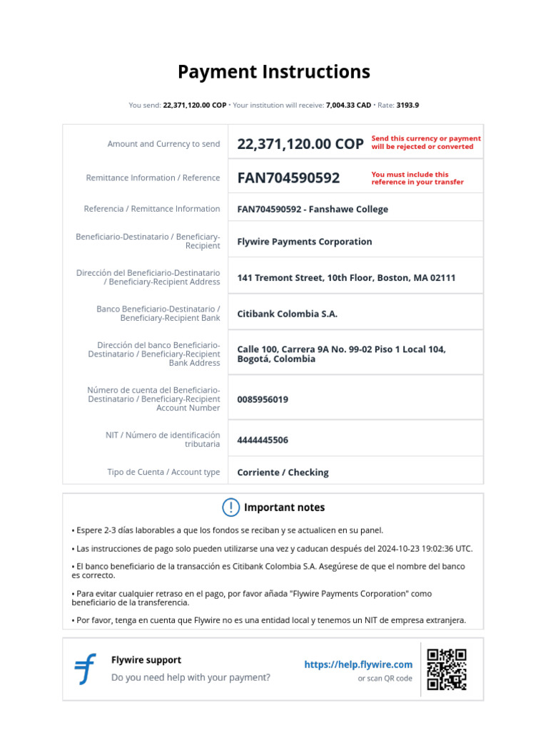 Payment Instructions for Flywire Transfers | PDF | Payments | Business Law