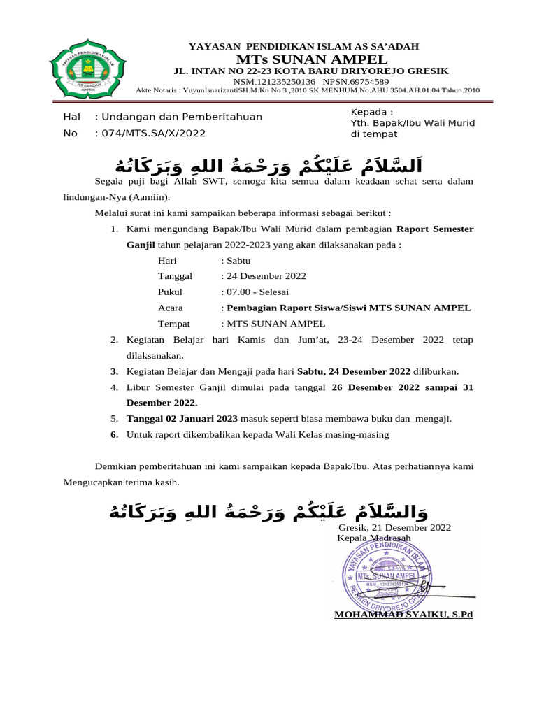 Undangan Pembagian Raport MTS 2022 | PDF